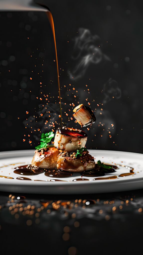 gourmet scallops drizzled with rich sauce garnished with fresh herbs white plate