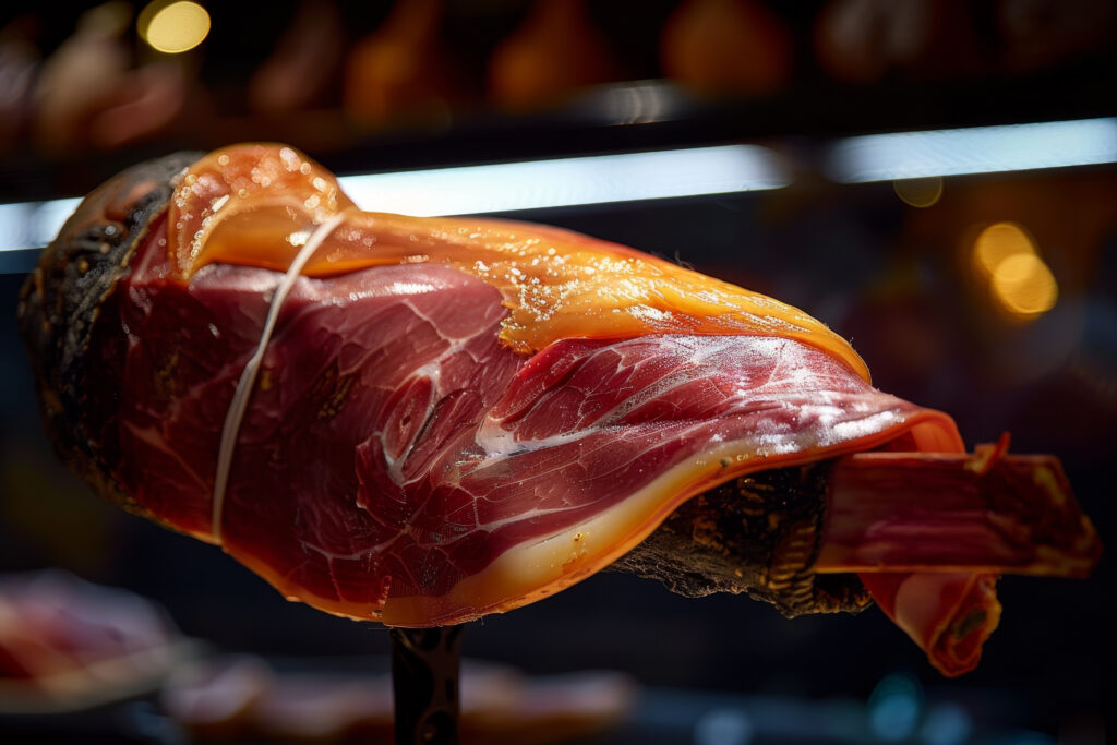 a piece of meat is displayed on a stand
